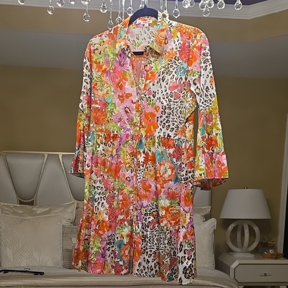 Johnny Was Wild Garden Cotton Floral and Leopard Print Mini Dress S